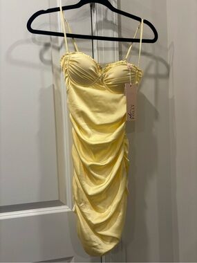 Oh Polly Pale Yellow Satin Ruched Bustier Mini Dress